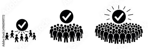 Audience and crowd of stick figures showing agreement through a checkmark icon, representing group decision-making and validity