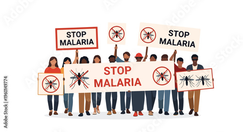 Diverse group of people holding protest signs to stop malaria, advocating for disease prevention and global health.