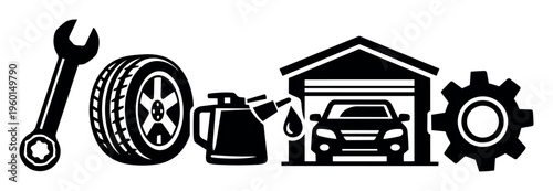 Auto repair and service set featuring a wrench, wheel, oil can, garage with car, and a gear symbol