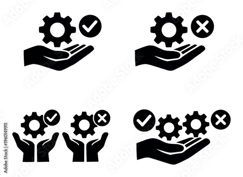 Hands exchanging gears with either a checkmark or a X icon, representing accomplished or unsuccessful tasks