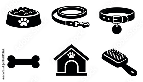 Dog accessories, pet care items, and essential supplies for animal owners. Silhouettes representing daily life with pets