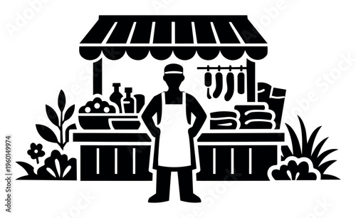 Shopkeeper with apron standing at outdoor street food market stall selling sausages, bottles, and other fresh goods