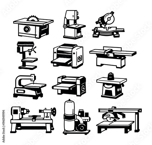 Industrial woodworking tools collection, showing heavy machinery, saws, lathes, drills, and planers for manufacturing