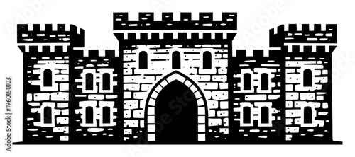 Medieval castle vector icon displaying battlements, main gate, and fortified walls, representing history and protection