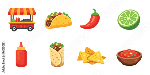 Street food cart with taco, chips and condiments on dark background