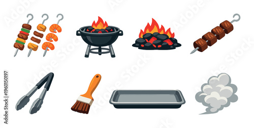 Skewers and charcoal grill cooking with tools on dark backdrop