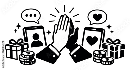 High-five between hands over smartphones showing profiles, likes and messages, surrounded by gifts and coins symbolizing online collaboration, crowdfunding support and digital rewards