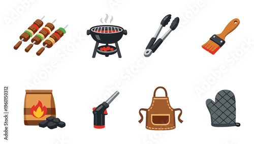 Barbecue tools and grill accessories arranged on dark backdrop