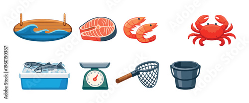 Seafood and fishing tools icons arranged on neutral background