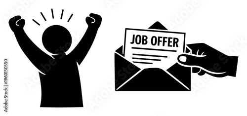 Person raising arms in excitement, celebrating a new job offer, with a hand sliding an employment contract into an open envelope