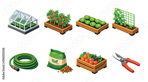 Raised bed vegetables and gardening tools arranged on backdrop