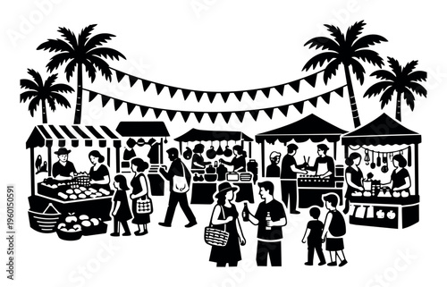 People visiting an outdoor market, purchasing fruit and goods, eating, drinking, and socializing at a festival