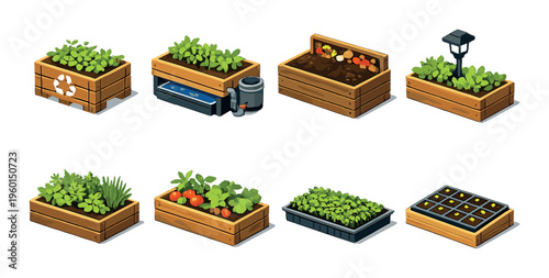 Wooden raised garden beds with plants and irrigation details