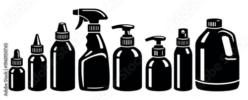 Household and cosmetic liquid container collection showing various plastic bottles in a black and white icon style