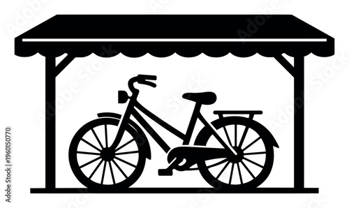 Bicycle parking icon showing a single bike under a simple shelter. Representing sustainable transport, urban cycling, and eco-friendly commuting