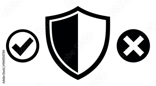 Shield icon positioned between accepted checkmark and rejected cross, symbolizing digital security, protection, and decision-making for various processes