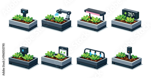 Automated planter units with sensors and irrigation on grey background