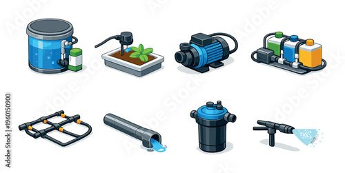 Water pumps filters pipes and irrigation components on gray background