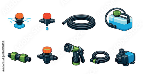 Irrigation fittings and hose accessories arranged on gray background