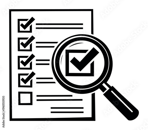 Checklist with multiple completed items and a magnifying glass inspecting a checkmark, representing thorough review and compliance