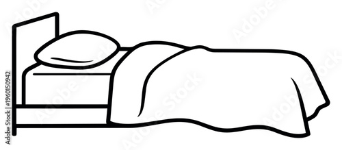 Bed with headboard, mattress, pillow, and blanket. Simple outline drawing illustrating sleeping and resting