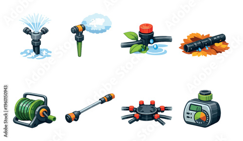 Garden sprinkler heads and watering tools on dark gradient background
