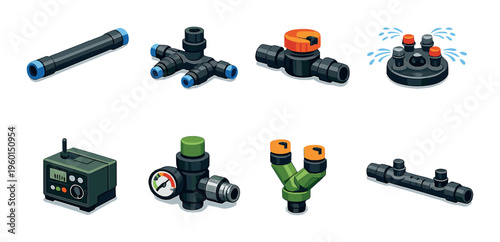 Irrigation pipes and control fittings displayed on neutral background