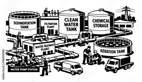 Water treatment plant with various tanks, pumps, and pipes, illustrating the complex process of purifying water for consumption