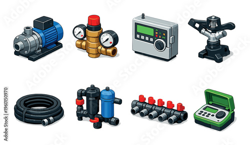 Water pump, filters and irrigation controllers on gray surface