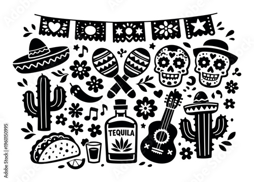 Mexican cultural elements arranging a folk art design. Celebrating Day of the Dead, Cinco de Mayo and vibrant traditions