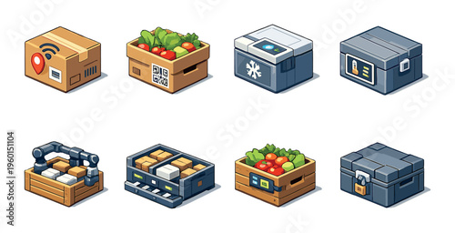 Assorted delivery and storage boxes with logistics and tech symbols