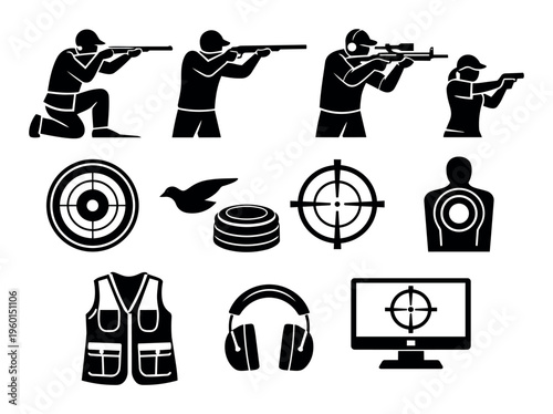 Collecting essential icons for shooting sports, hunting, and marksmanship, featuring shooters, targets, and range equipment