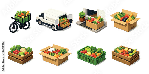Vegetable crates and delivery containers on studio background