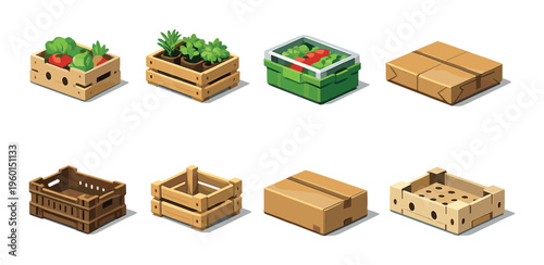 Empty and filled crates with plants and produce on neutral background