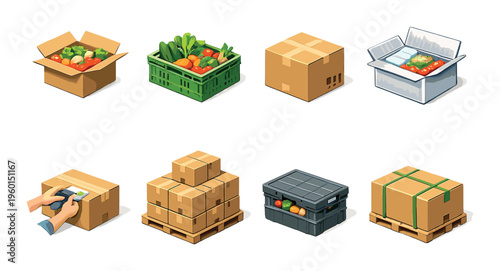 Cardboard boxes and crates with produce on warehouse pallets