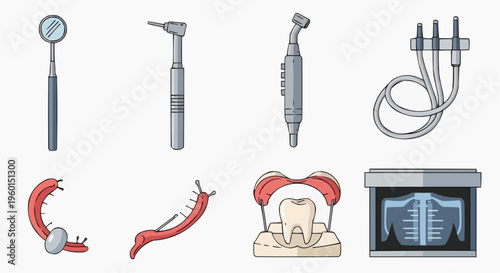 Set of different dental tools against a clean background, ready for dental work. The tools are neatly arranged, indicating a focus on precision and care
