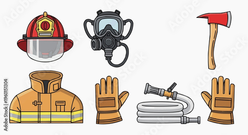 Illustrative presentation of various equipment used by firefighters. The image comprises items like helmet, oxygen mask, axe, uniform, gloves, and a water hose, all essential tools for firefighting