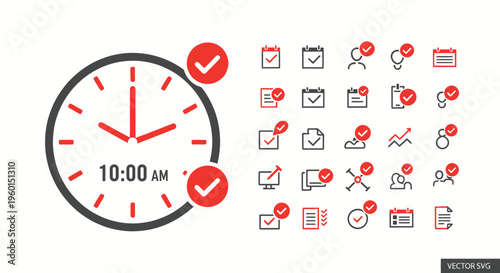 Time Management Icons and Clock Symbol with Checkmarks - Business and Productivity Concept