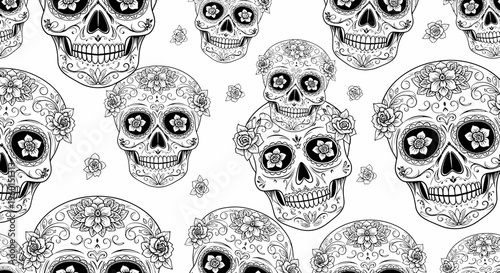 Sugar Skull Pattern: Day of the Dead Skulls with Floral Decorations, Black and White
