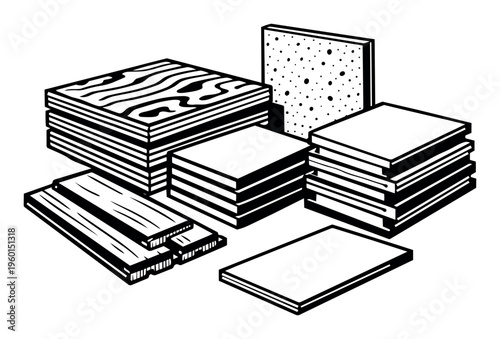 Building materials including wood planks, stacked plywood, chipboard panels, and insulation for home construction or renovation