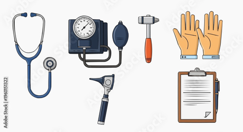 Various medical equipment placed, showing tools used by doctors in their daily jobs. Instruments are placed on the surface