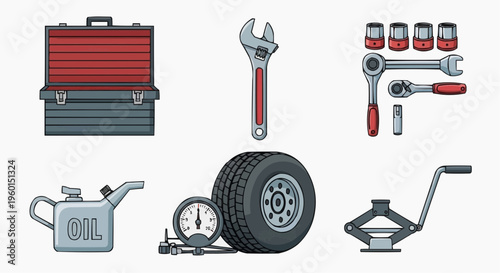 A collection of essential tools for automotive repair, with various equipment