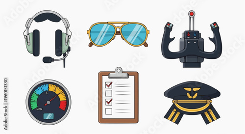 Illustration of pilot equipment set, including headset, sunglasses, control stick, speedometer, checklist, and cap. It's a colorful and detailed representation of aviation essentials
