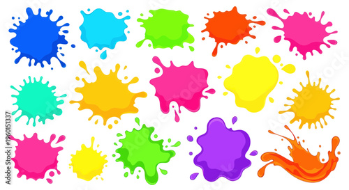 Vibrant Colorful Paint Splatters Collection, Abstract Blobs, Isolated on White Background