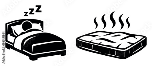 Two monochrome icons depicting a person peacefully sleeping in bed and a mattress giving off vapor, representing warmth
