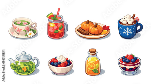 Assorted drinks and desserts arranged in rows on gradient background