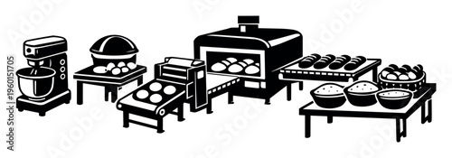 Bakery production line showing stand mixer, dough making, baking inside industrial oven, fresh bread, and flour ingredients