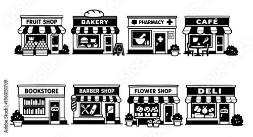 Monochrome drawing showcasing a variety of small store facades, symbolizing urban business, shopping, and community services
