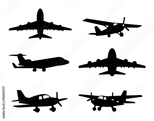 Six black plane silhouettes on white background, illustrating different aircrafts like commercial jet, private plane, and propeller plane