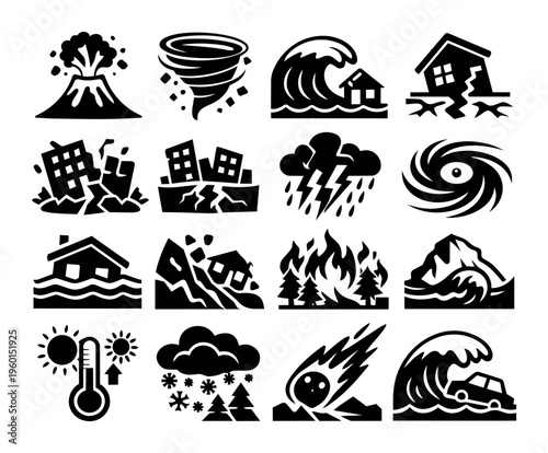 Natural disasters, showing volcanic eruption, tornado, earthquake, tsunami, flood, wildfire, storm, meteor impact, and temperature changes